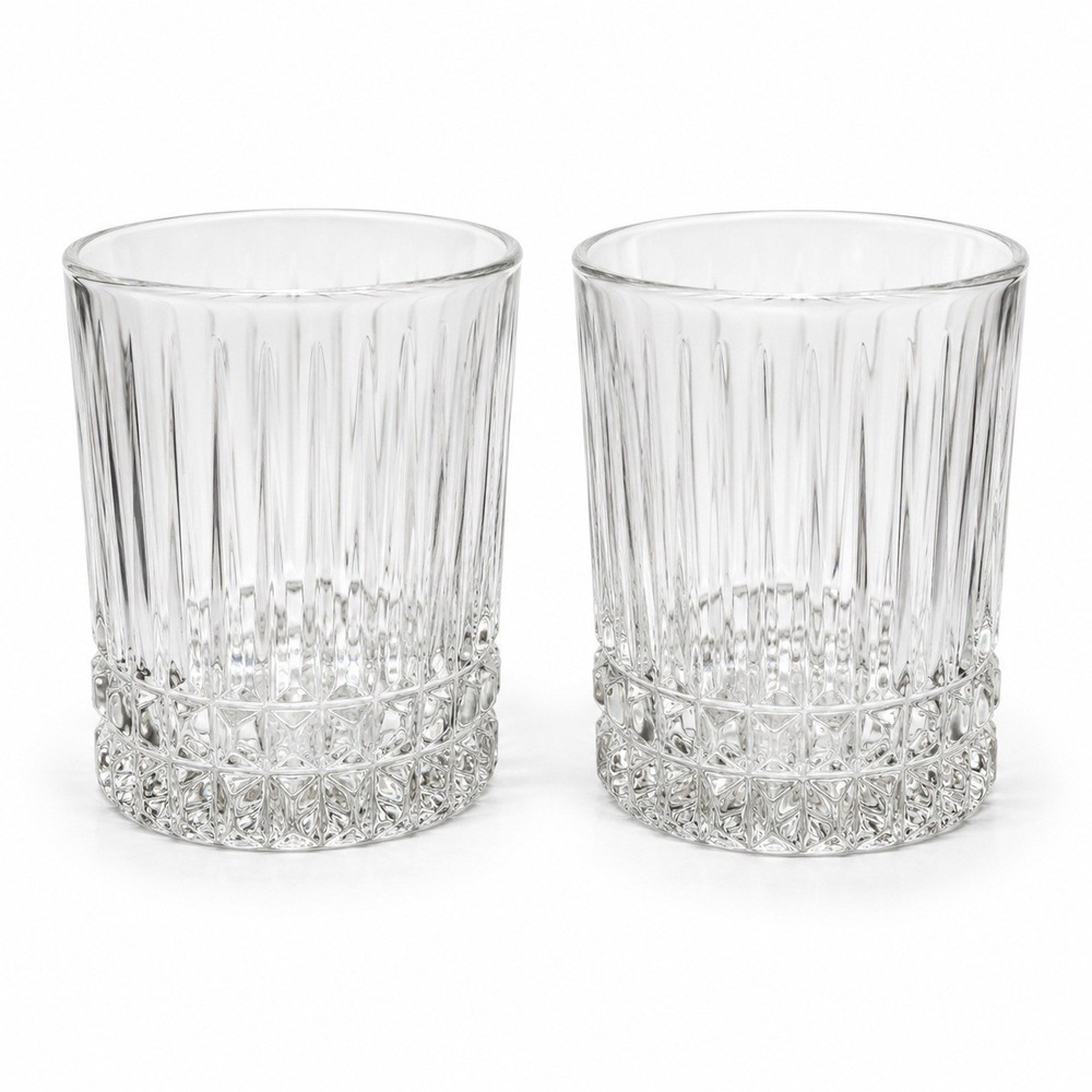 Vintage Clear Cut Glass Lowball 2 Tumblers Pair Heavy Barware Whiskey Glasses